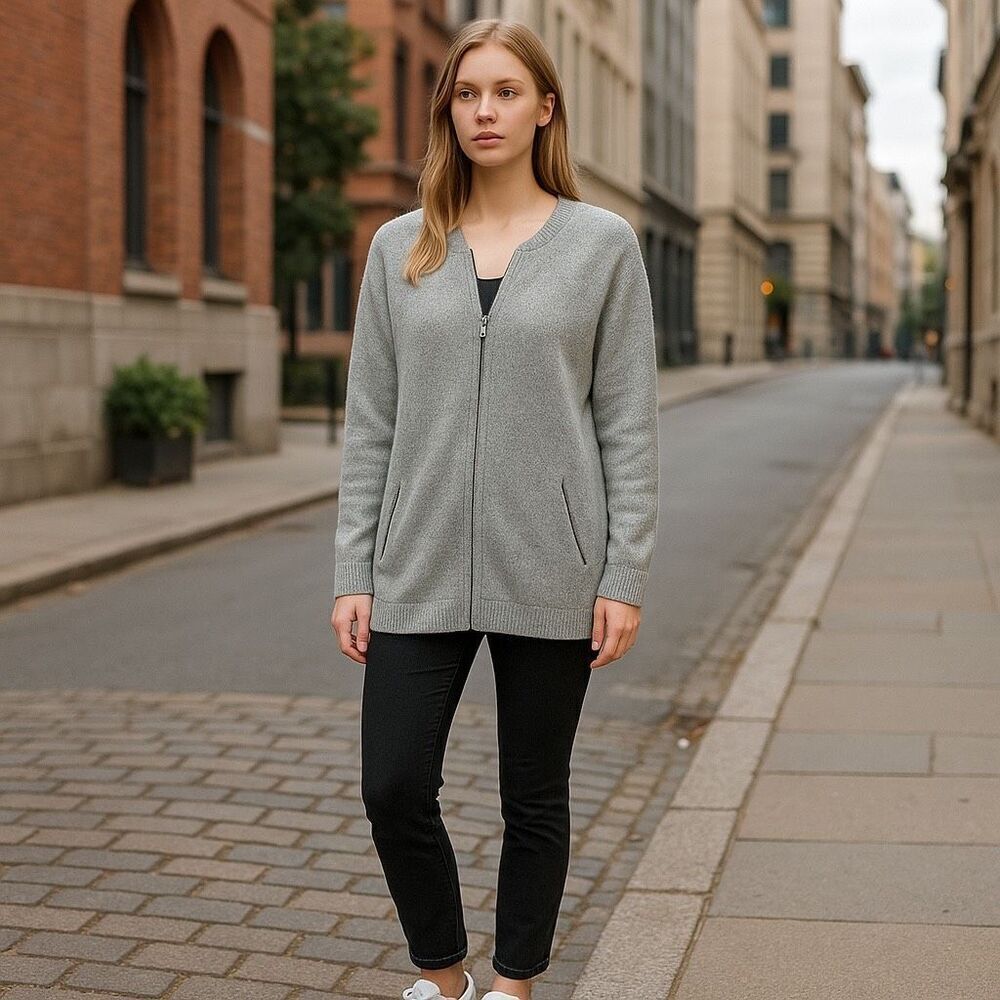 Daytrip Women’s L Zip-Up Long Cardigan with Slant Zip Side Pockets Gray
